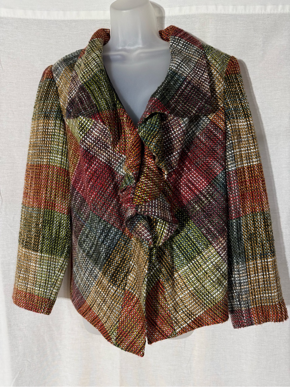 Chico's Multicolor Metallic Woven Jacket - Red, Gold, Green, Black Size 2/Large